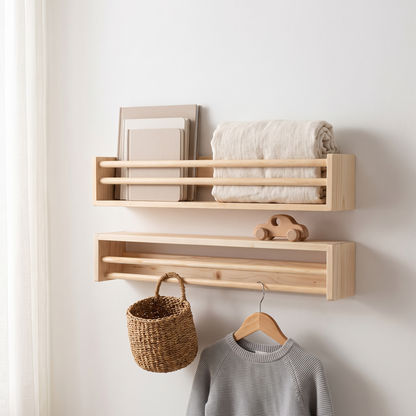 Natural wooden wall shelf mounted in a bright Scandinavian kids room