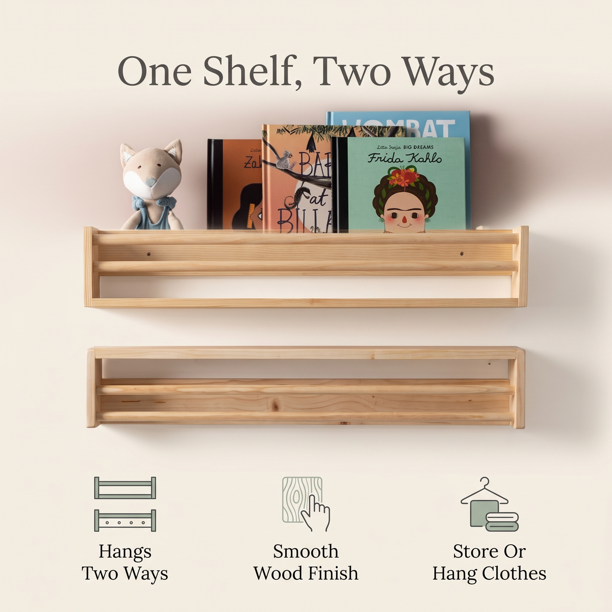 Wooden wall shelf benefits: hangs two ways, smooth wood finish, store or hang clothes