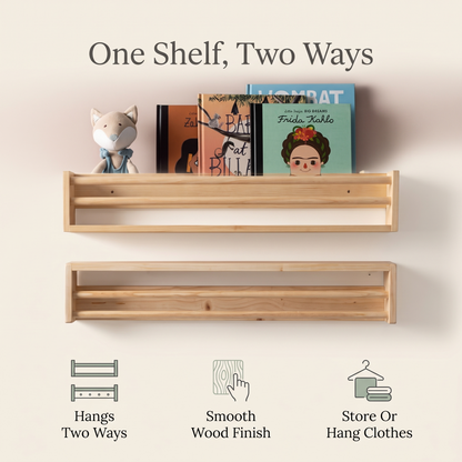 Wooden wall shelf benefits: hangs two ways, smooth wood finish, store or hang clothes