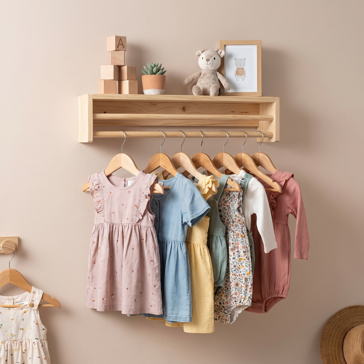 Wooden wall shelf flipped and used as a kids clothes hanging rail