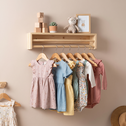 Wooden wall shelf flipped and used as a kids clothes hanging rail
