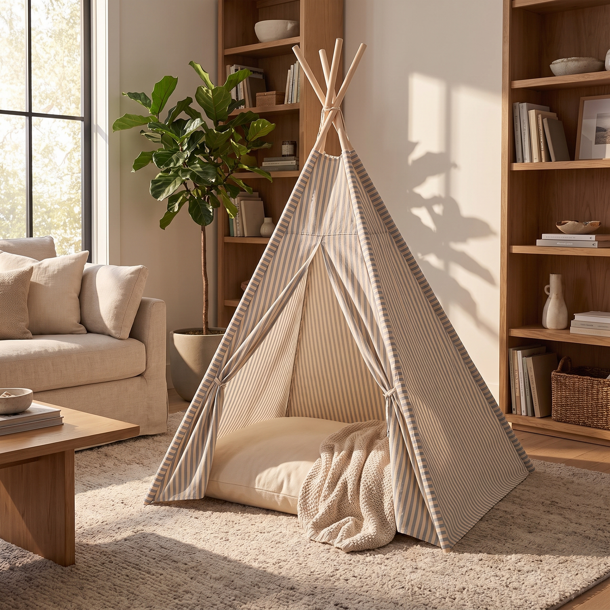 Blue striped teepee set up as an indoor camping den in a family living room