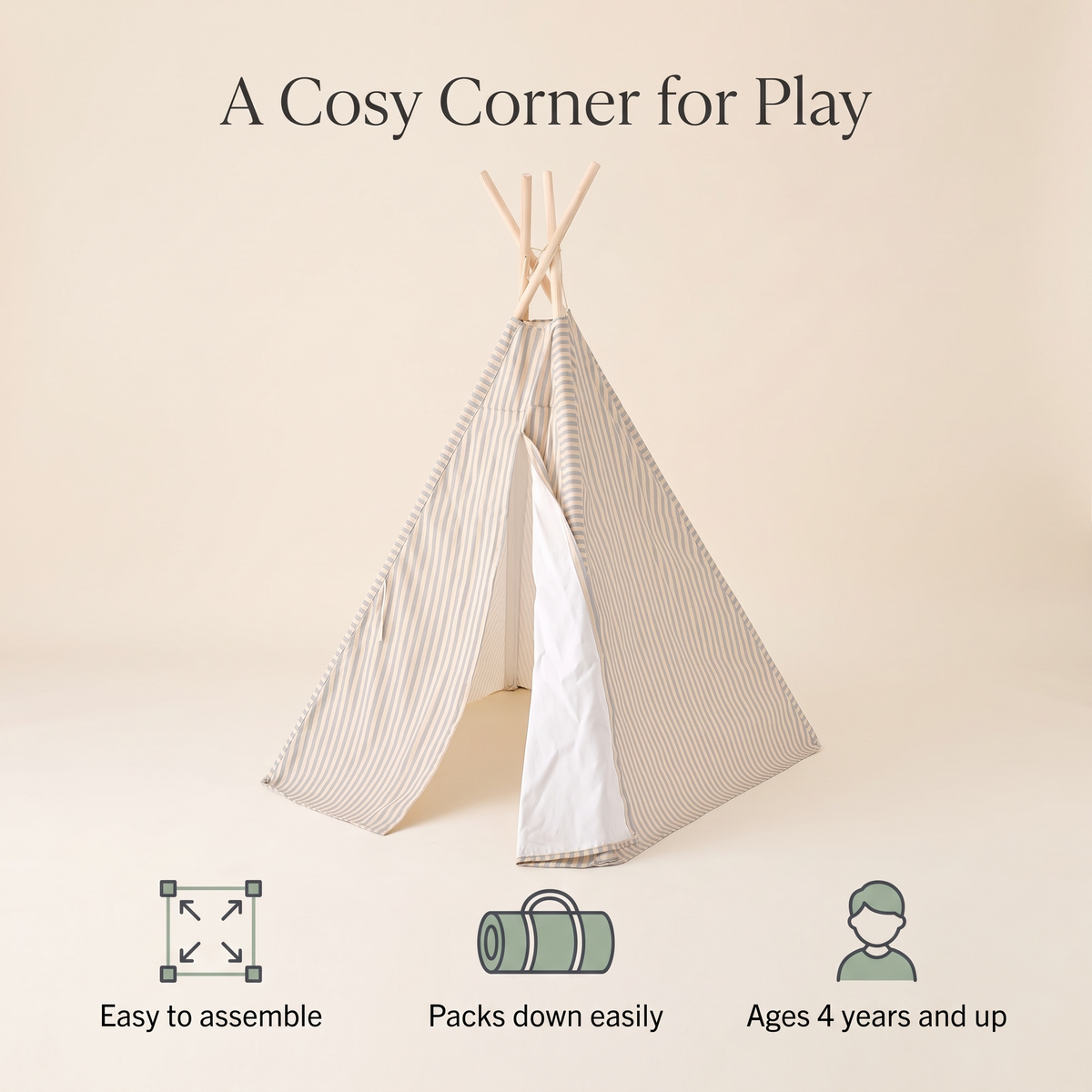 Teepee benefits: easy to assemble, packs down easily, ages 4 years and up