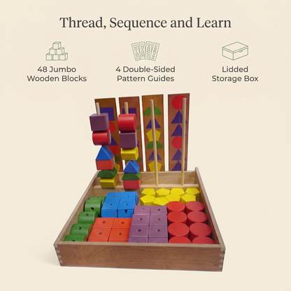 Benefits of the jumbo threading blocks: 48 wooden blocks, 4 double-sided pattern guides, lidded storage box
