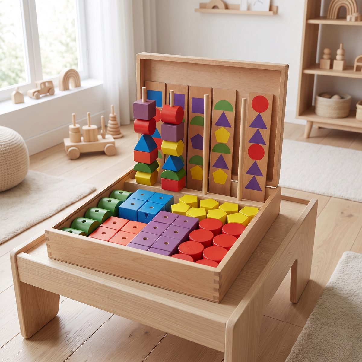 Jumbo wooden threading and sequencing blocks set with storage box on a play table in a bright kids room