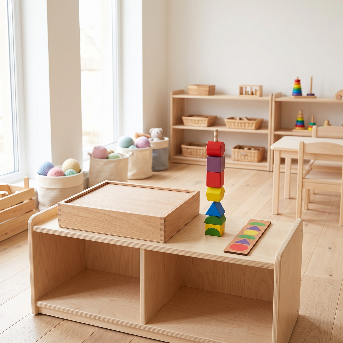 Jumbo sequencing blocks packed in their lidded box on a Montessori shelf