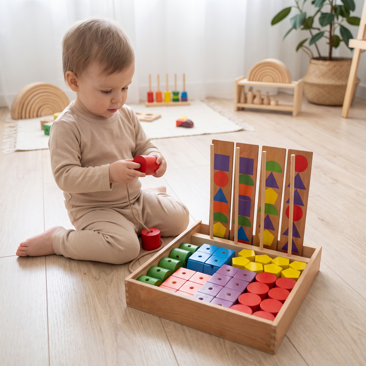 Toddler threading jumbo wooden blocks onto a lace