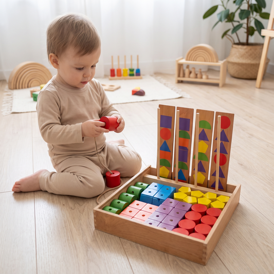 Toddler threading jumbo wooden blocks onto a lace
