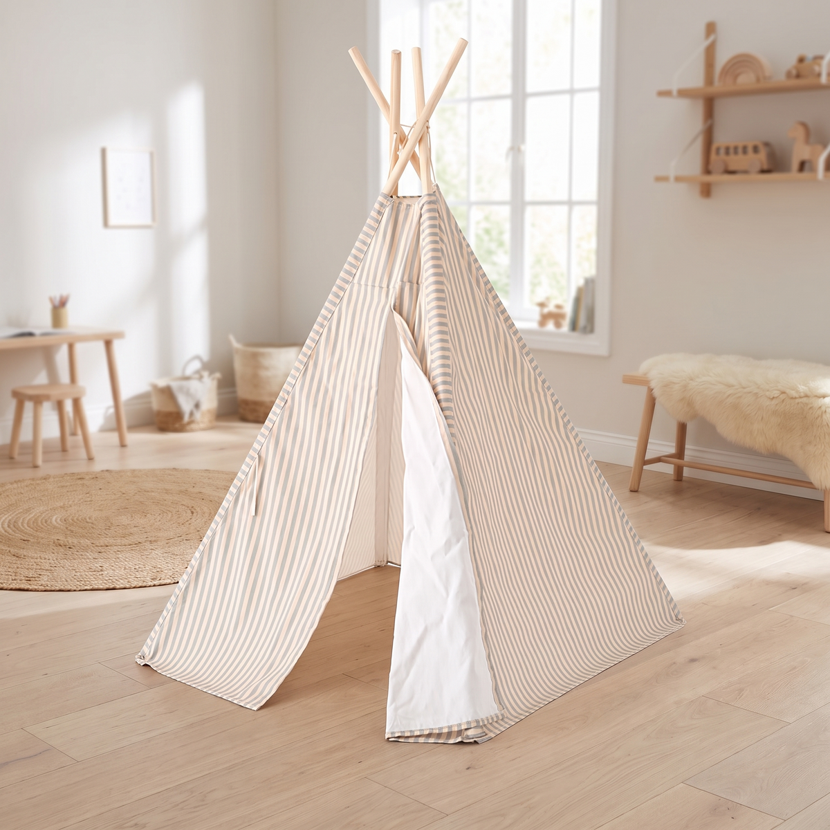 Blue striped kids teepee tent in a bright Scandinavian kids room