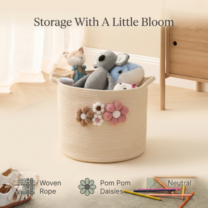 Daisy rope basket benefits: woven rope, pom pom daisies, neutral tones