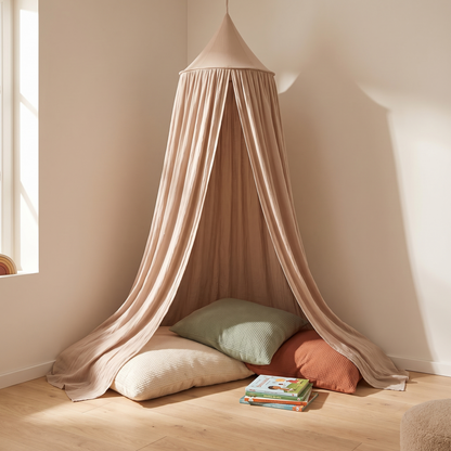 Nougat canopy styled as a cosy playroom den with cushions and books