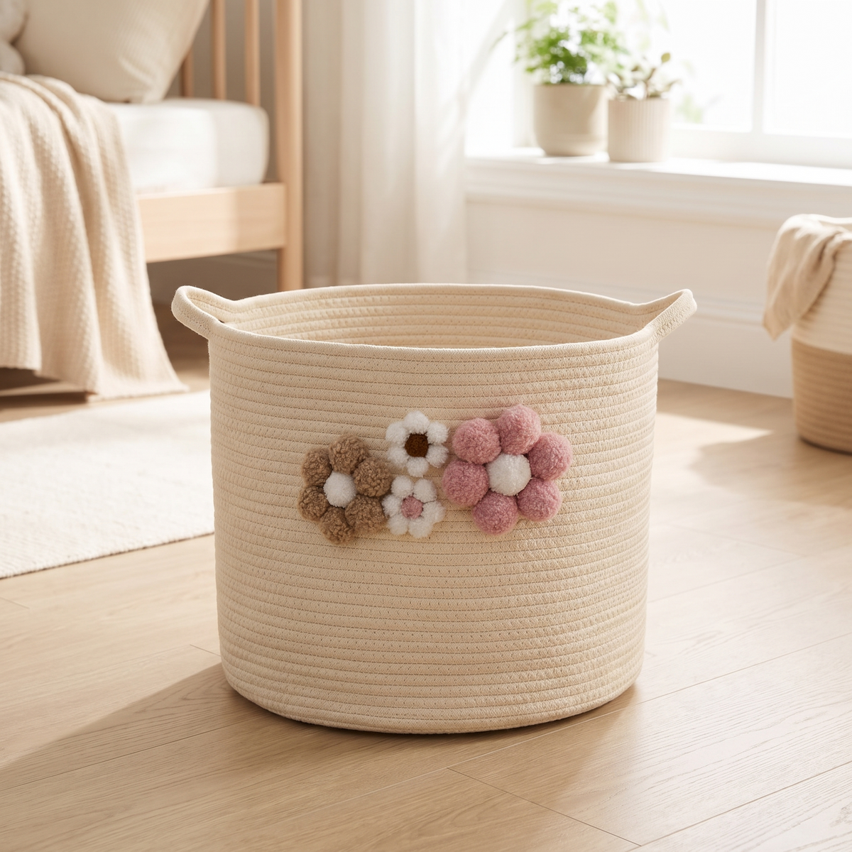 Woven rope basket with pom pom daisies in a bright Scandinavian nursery