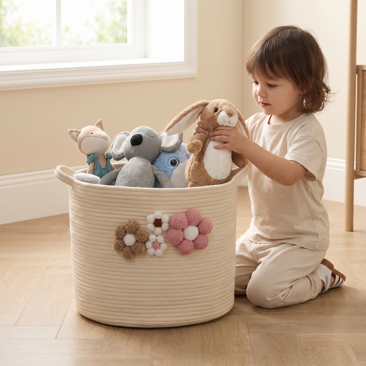Child pulling a soft toy from the daisy rope storage basket