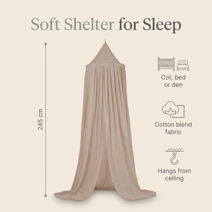 Bed canopy benefits and size: cot, bed or den, cotton blend fabric, hangs from ceiling, 245 cm