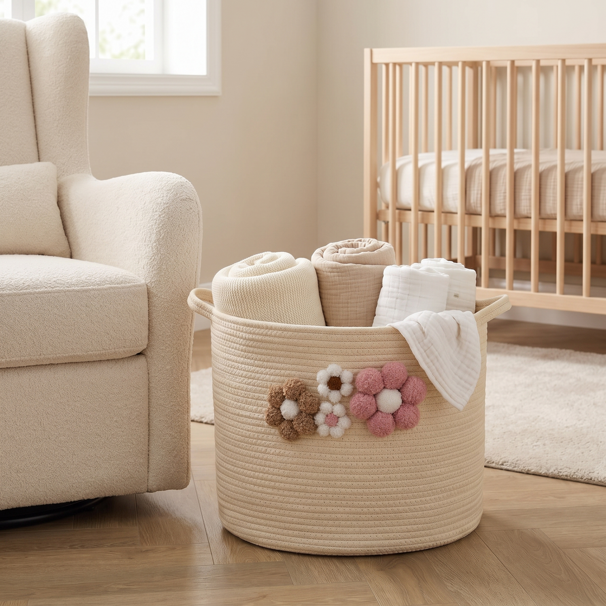 Daisy rope basket holding blankets beside a nursery armchair
