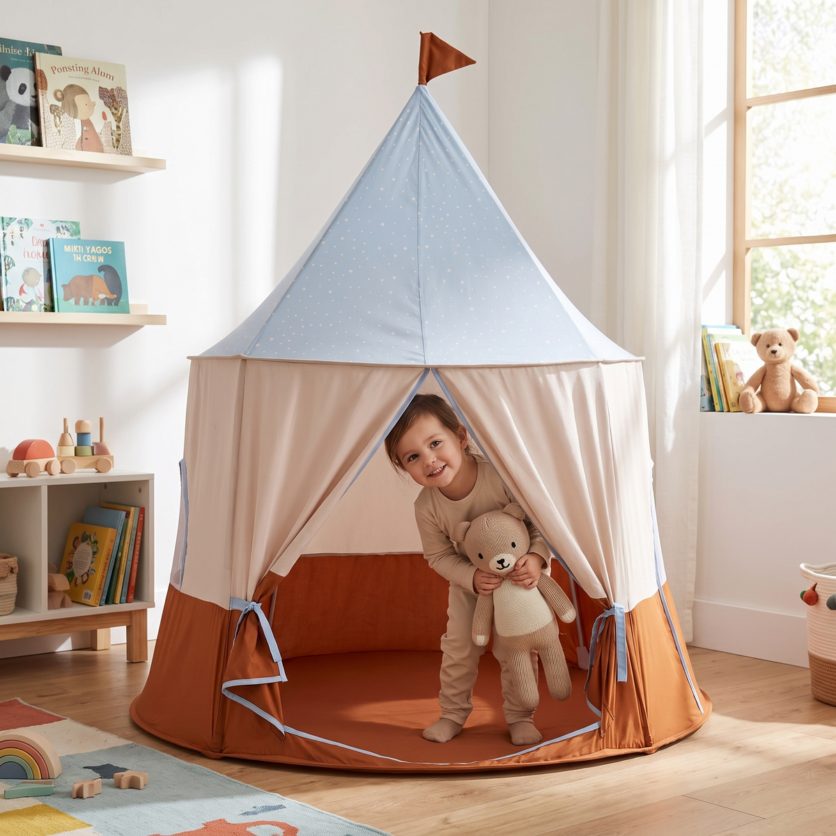 Child peeking out of the blue circus play tent holding a soft toy