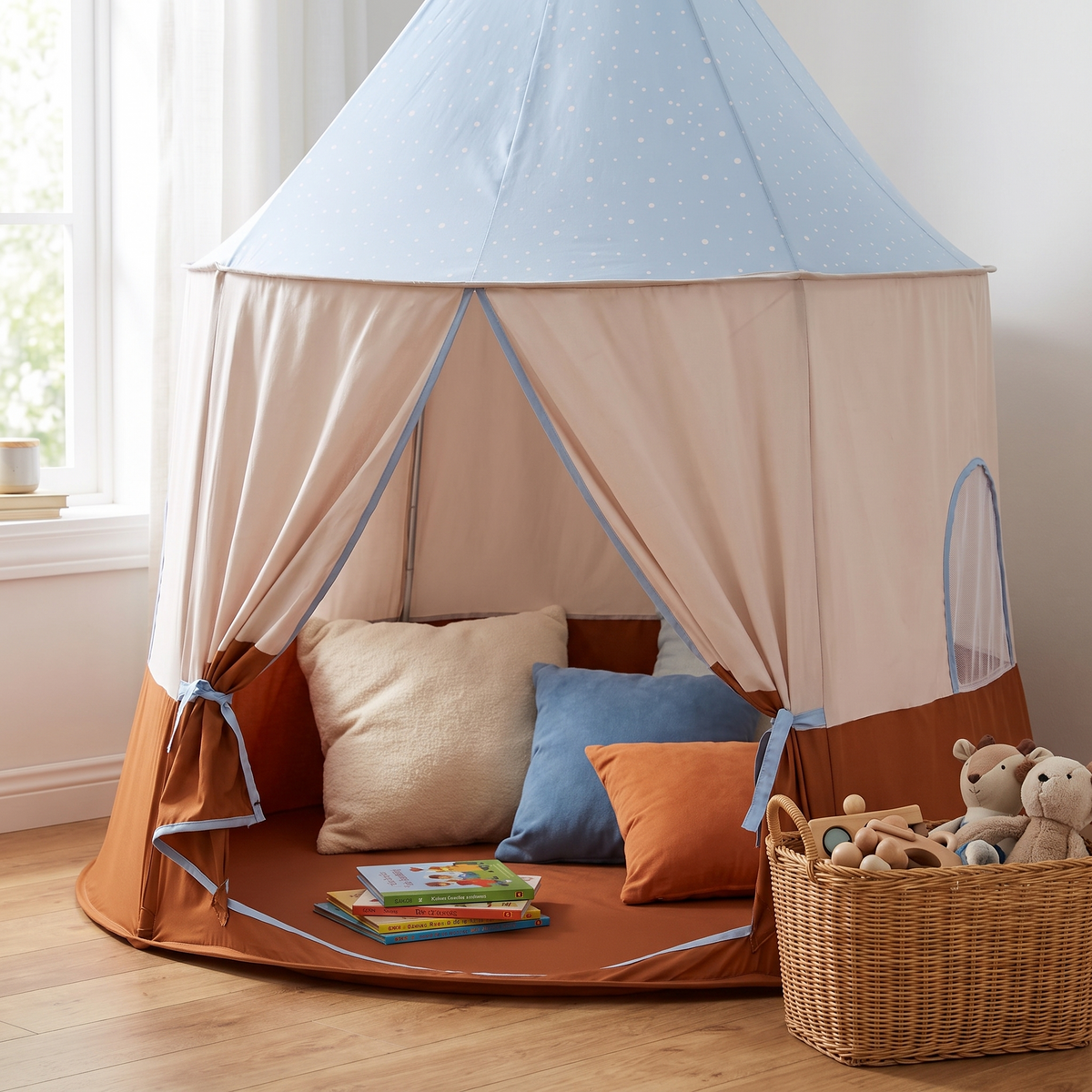 Blue circus play tent styled as a reading hideaway with cushions and books