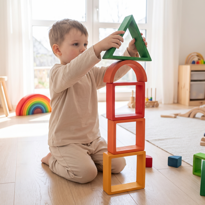 Child stacking rainbow wooden nesting blocks into a tower
