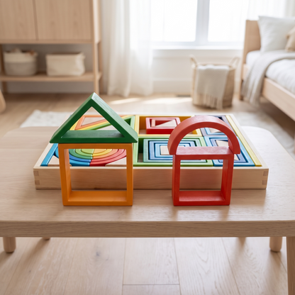 Rainbow wooden nesting blocks on a play table in a bright Scandinavian kids room