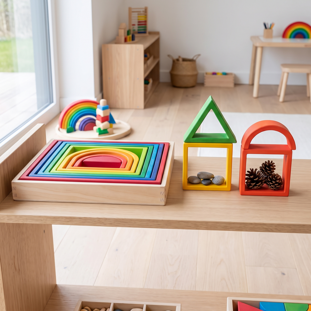 Rainbow nesting blocks nested on a shelf with hollow blocks holding small treasures