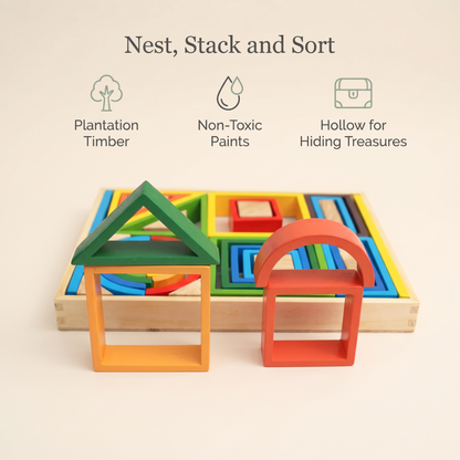 Benefits of the rainbow nesting blocks: plantation timber, non-toxic paints, hollow for hiding treasures