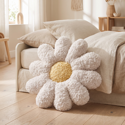 White boucle daisy flower cushion on a kids bed in a bright Scandinavian room