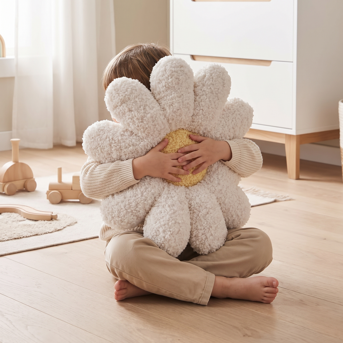 Child hugging the white daisy flower cushion