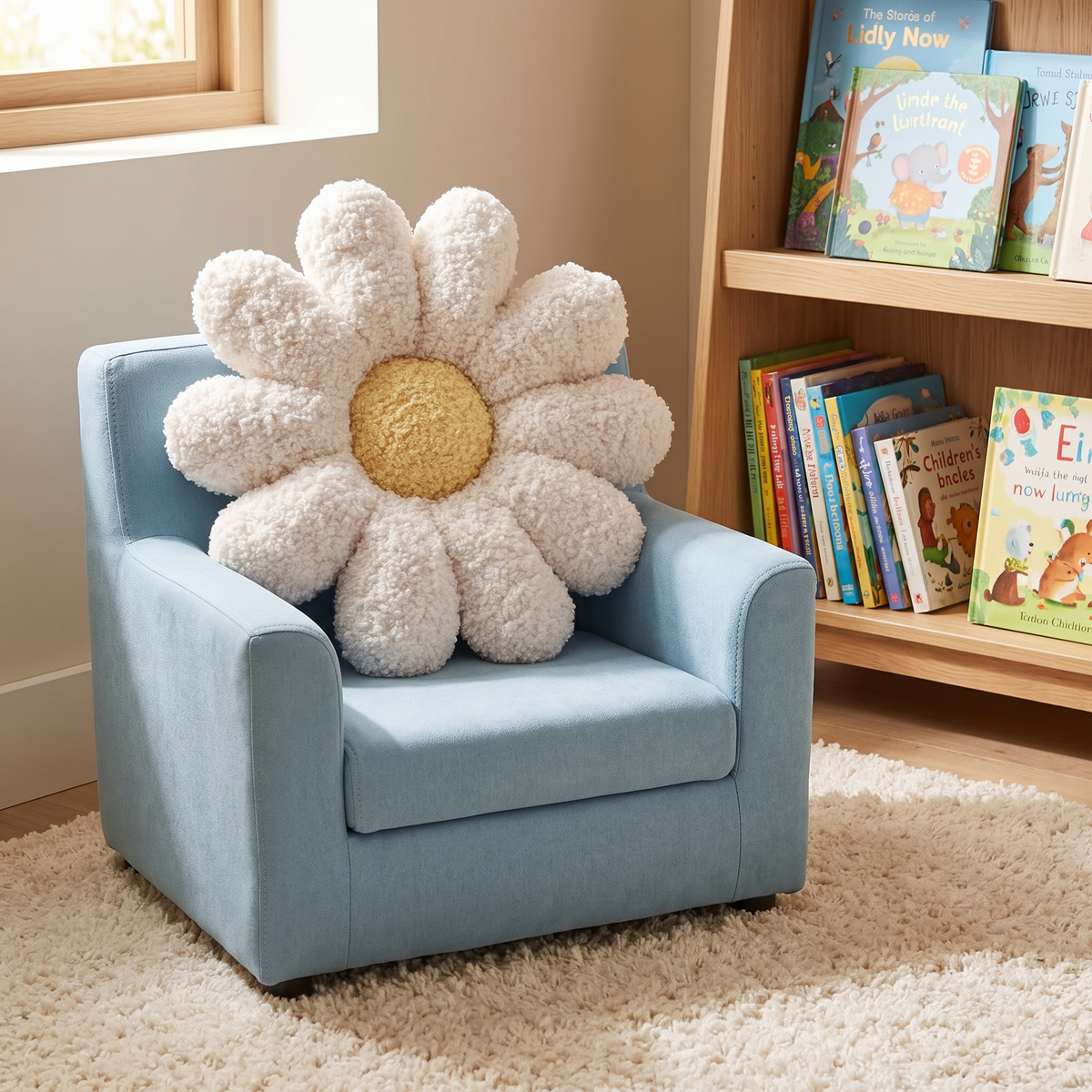 Daisy flower cushion styled on a kids armchair in a reading corner