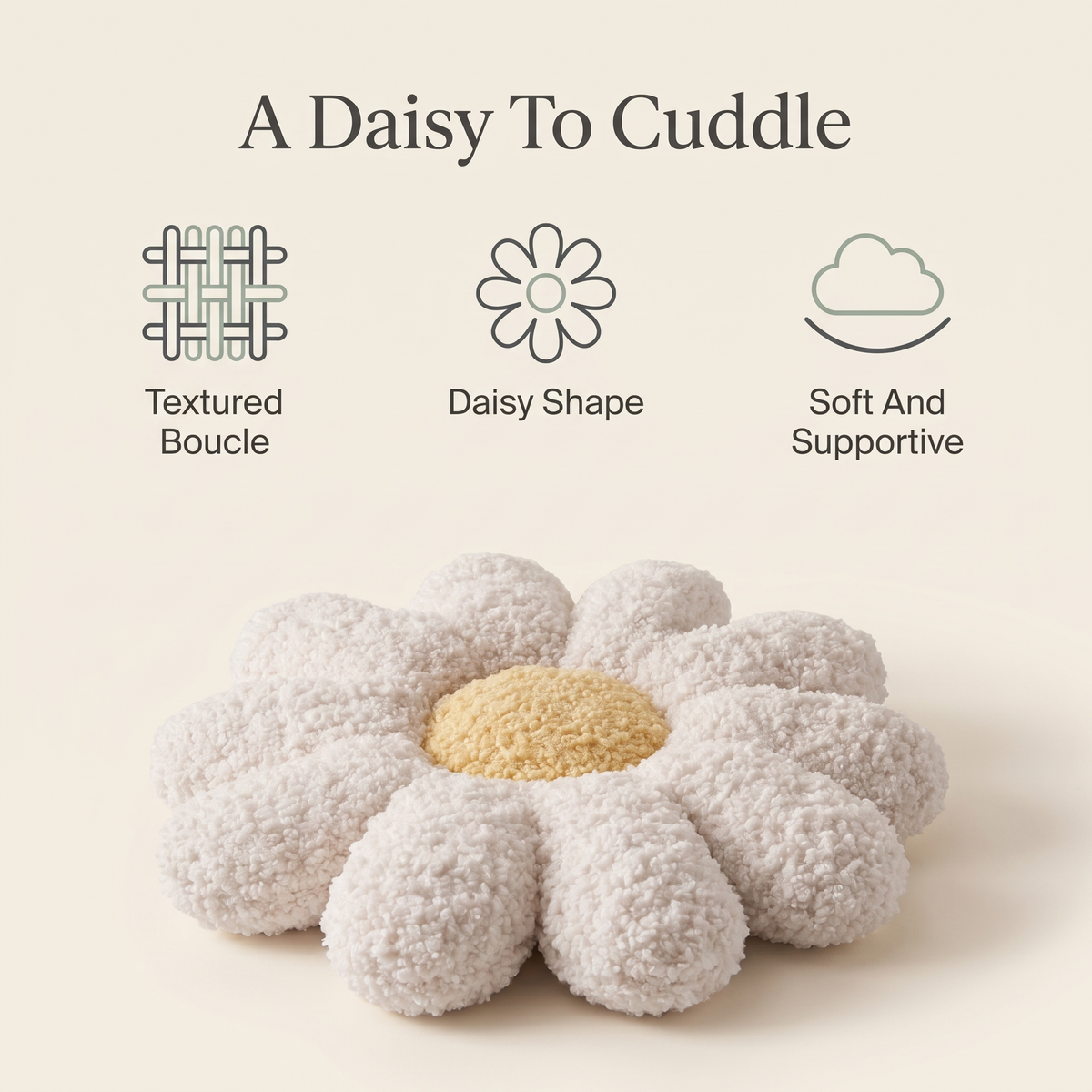 Daisy cushion benefits: textured boucle, daisy shape, soft and supportive