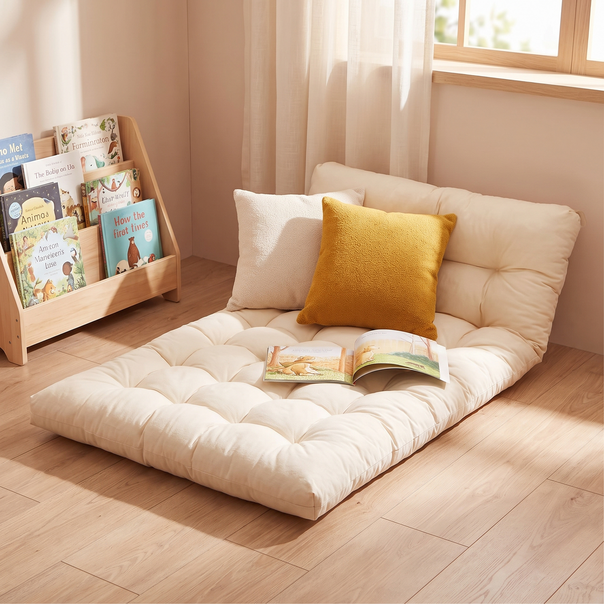 Padded play cushion styled as a cosy kids reading corner