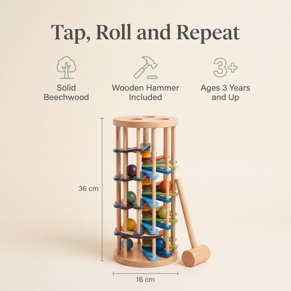Benefits of the 36cm tap and roll tower: solid beechwood, wooden hammer included, ages 3 years and up