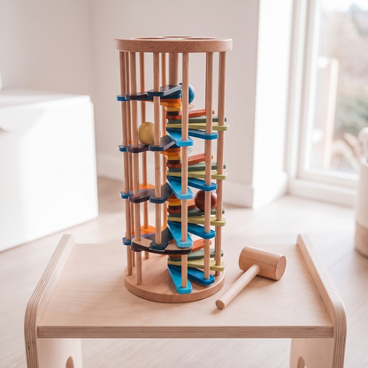 Rainbow wooden tap and roll ball tower with hammer on a play table in a bright kids room