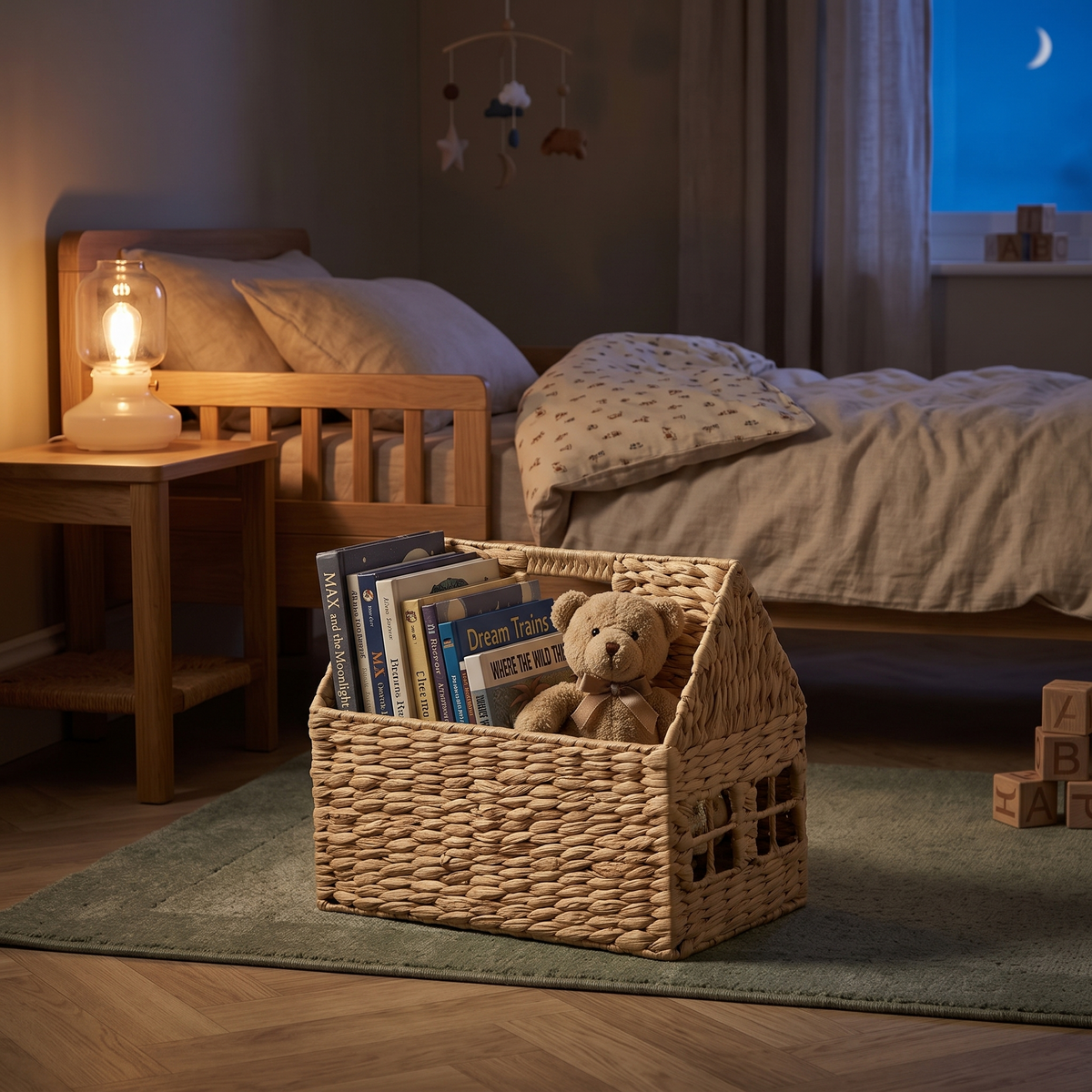 House book basket filled with storybooks beside a child's bed at bedtime