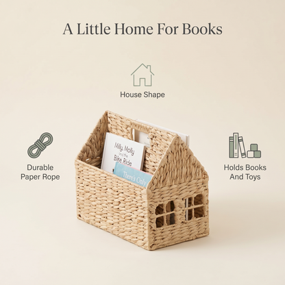 House book basket benefits: durable paper rope, house shape, holds books and toys