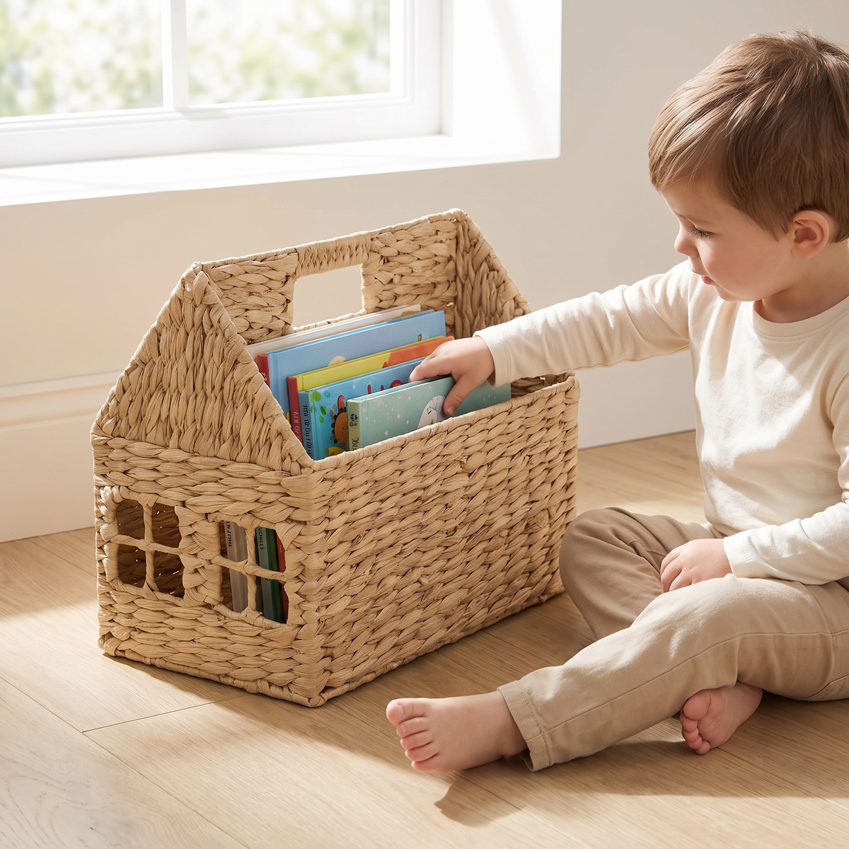 Child choosing a picture book from the house shaped storage basket
