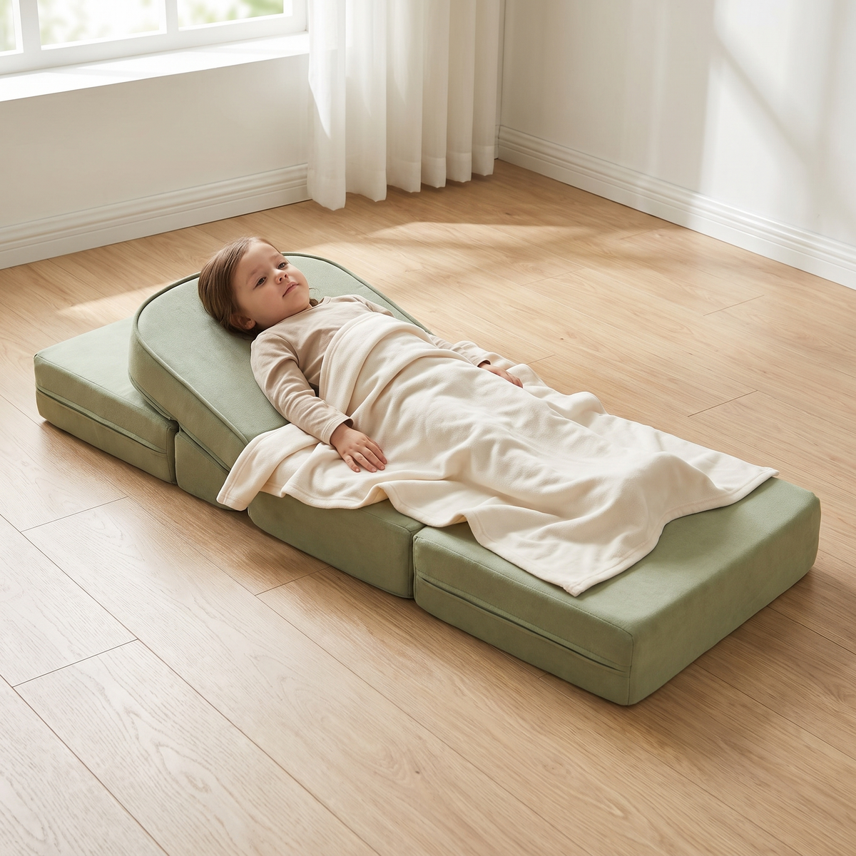 Sage kids chair folded out as a lounger with a child resting
