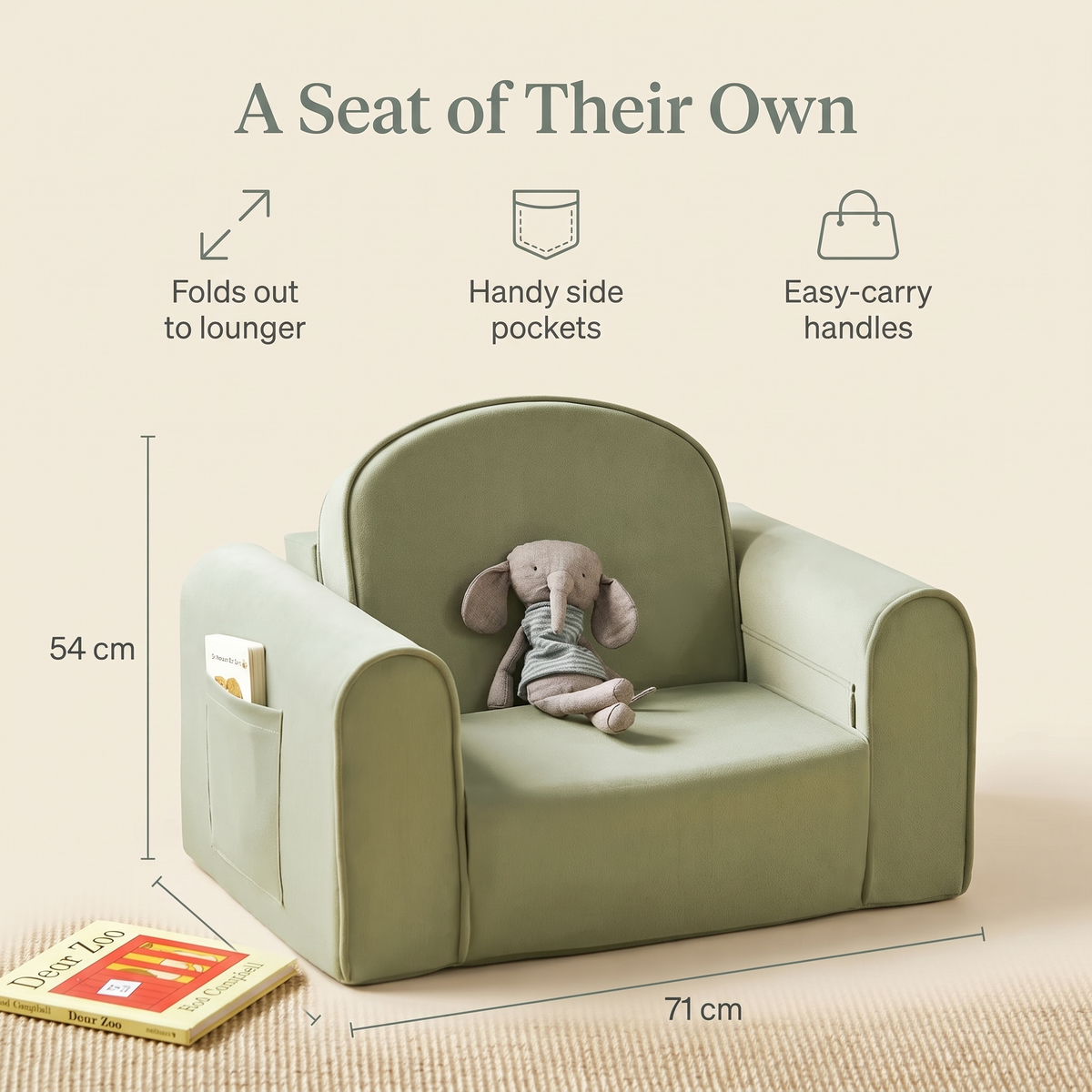 Kids foam chair benefits and dimensions: folds out to lounger, side pockets, carry handles