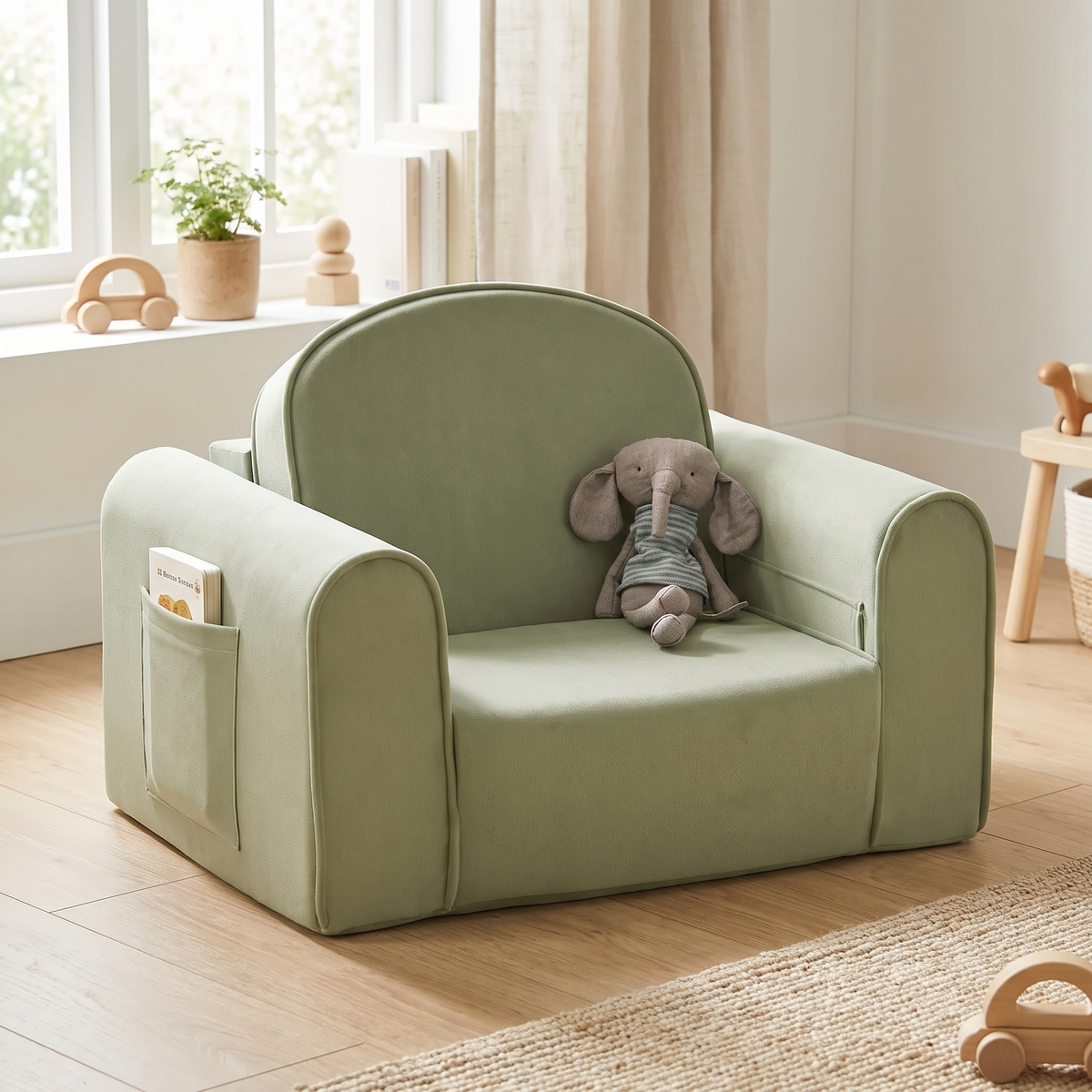 Sage green kids foam chair in a bright Scandinavian kids room