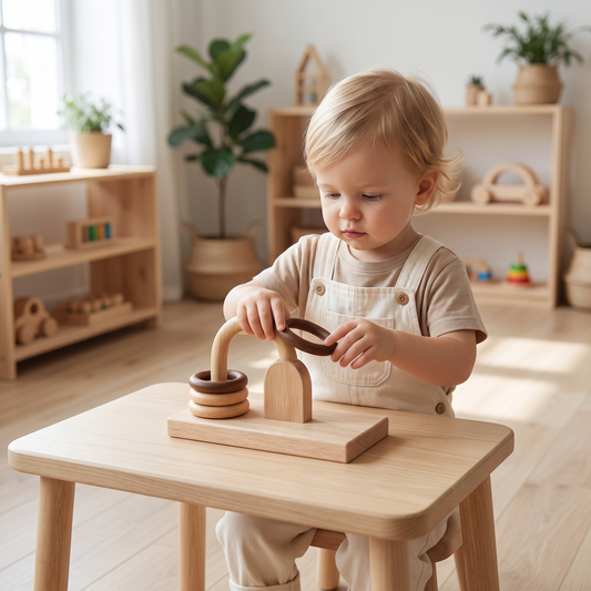 Toddler concentrating while playing with the wooden Montessori rings activity