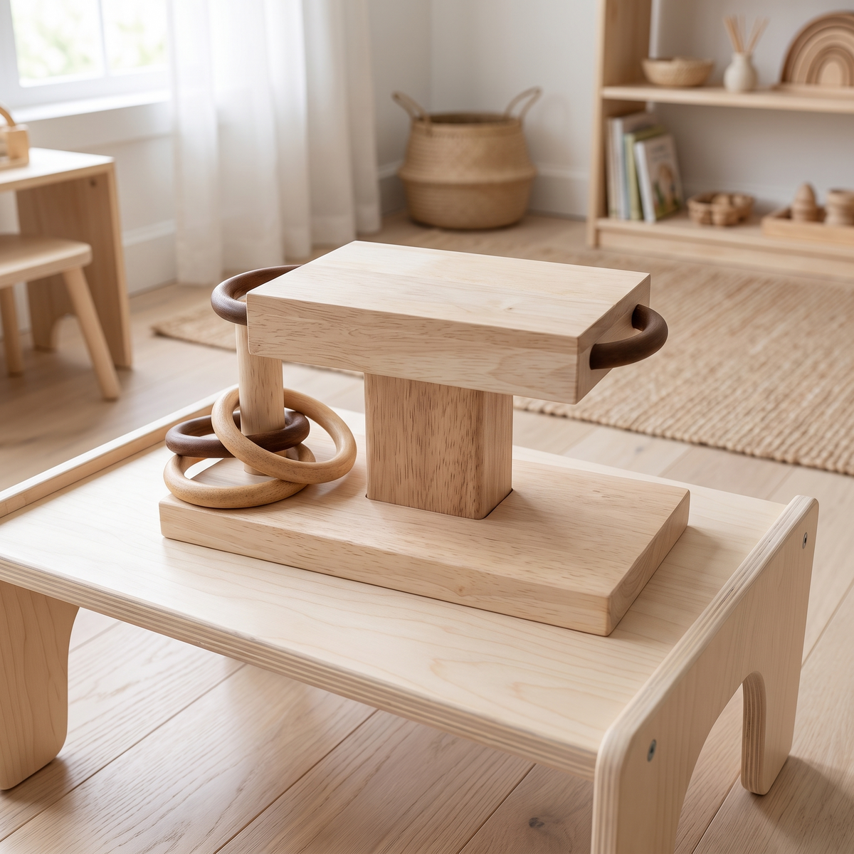 Wooden Montessori rings activity toy on a play table in a bright Scandinavian kids room
