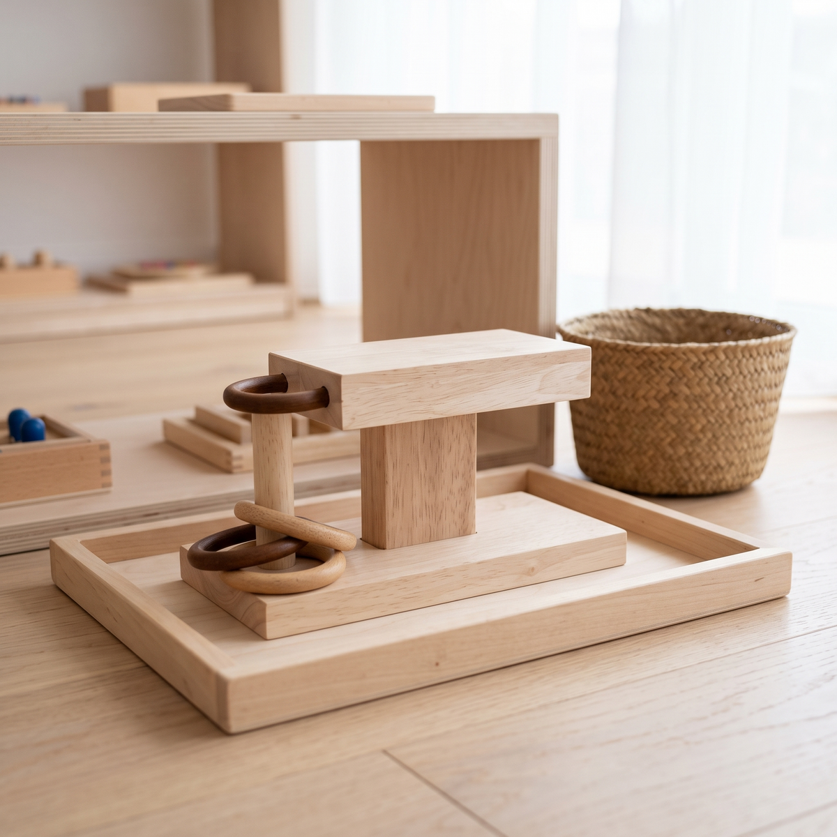 Wooden rings activity set out on a tray on a Montessori shelf