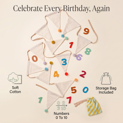 Birthday garland benefits: soft cotton, numbers 0 to 10, storage bag included