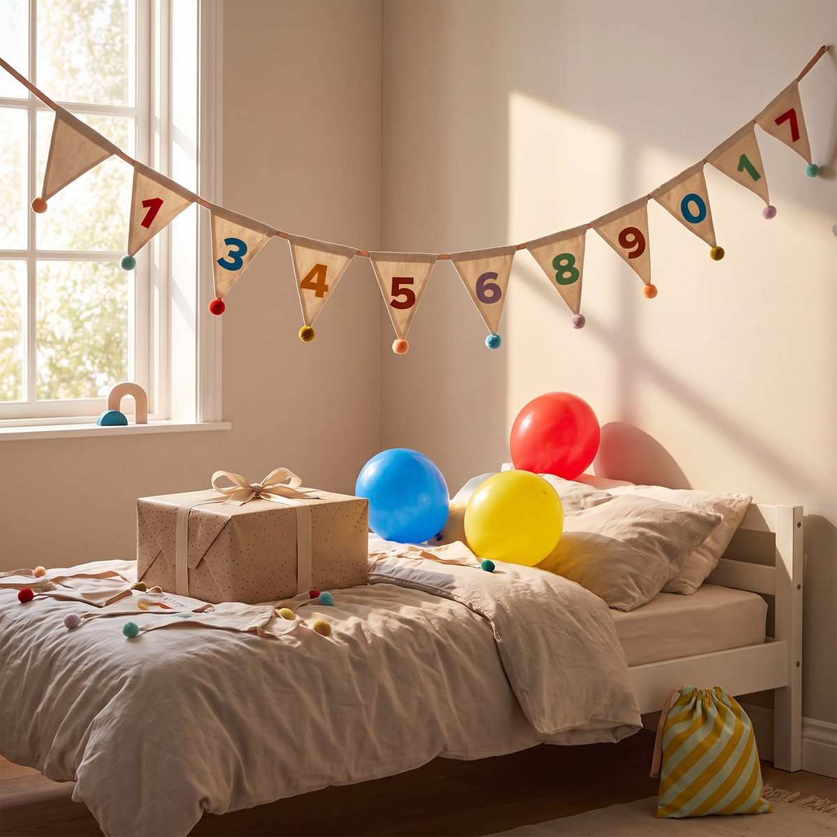 Birthday garland strung above a child's bed on birthday morning