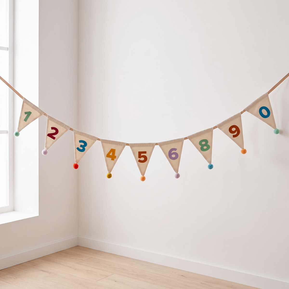 Colourful fabric birthday garland hung on a wall in a bright Scandinavian kids room