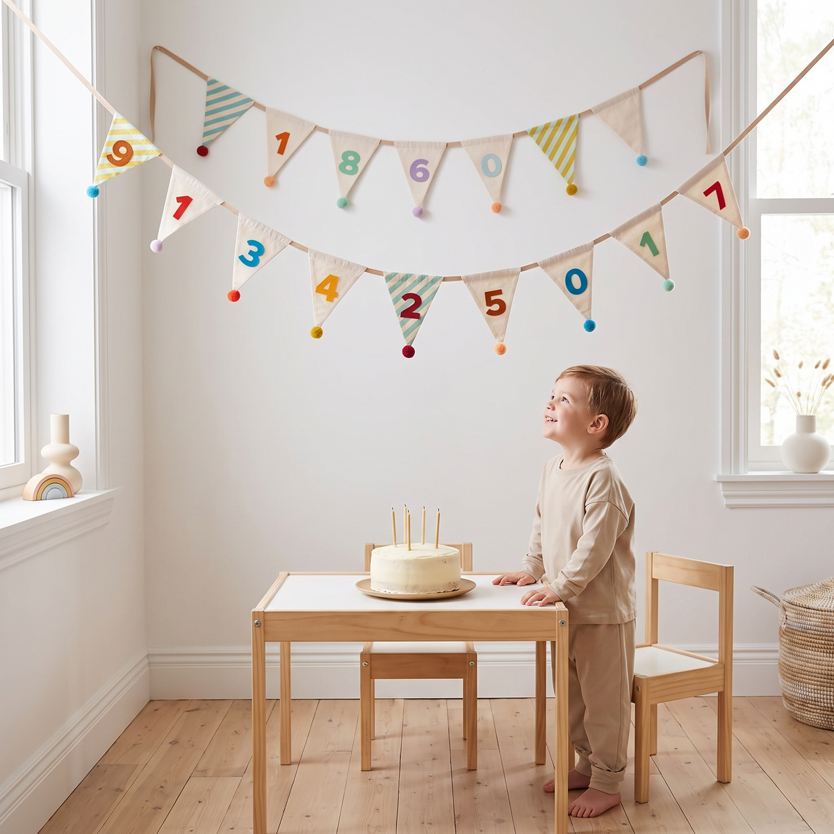 Child at a birthday table with the fabric birthday garland hanging above