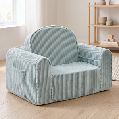 Corduroy kids foam chair in a bright Scandinavian kids room