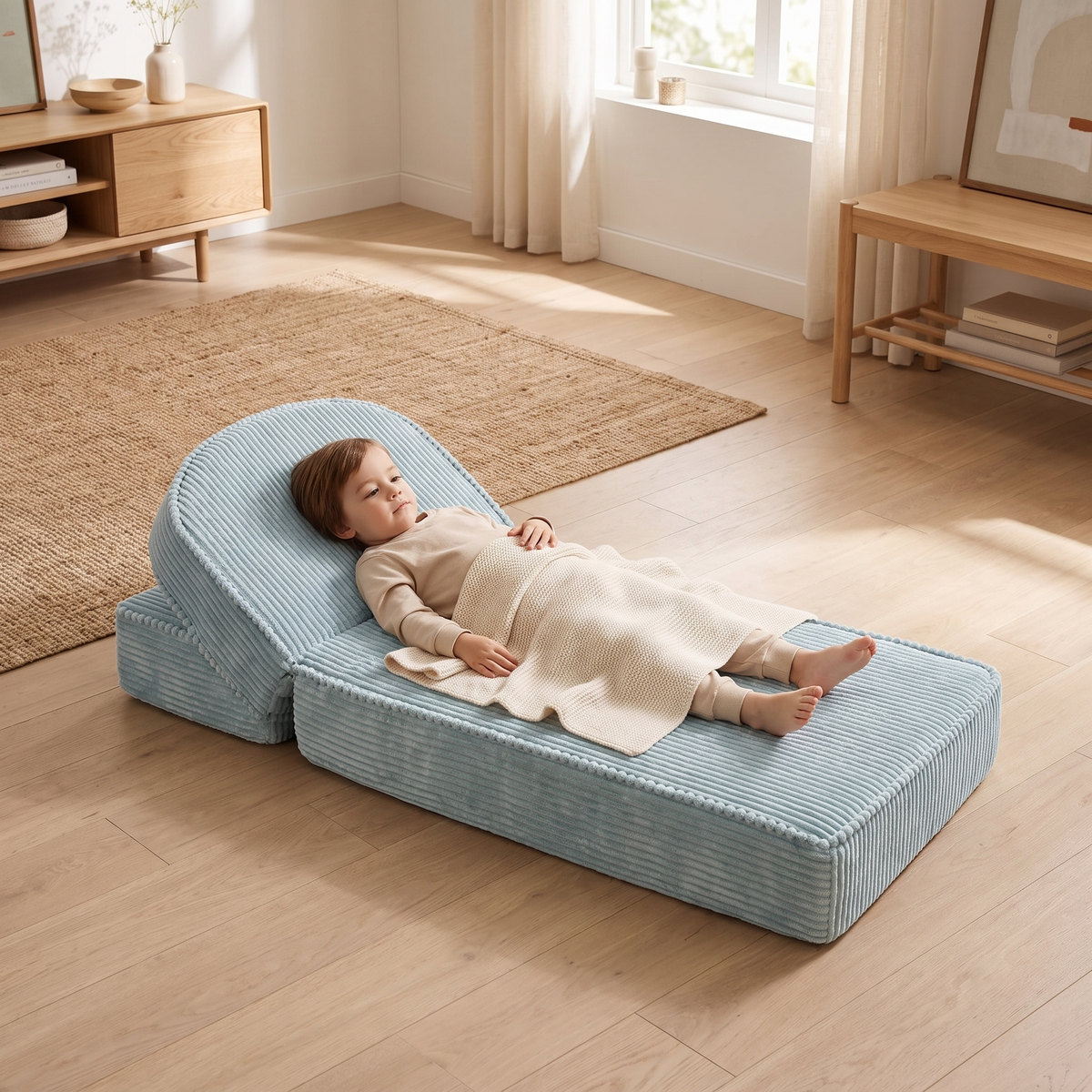 Corduroy kids chair folded out as a lounger with a child resting