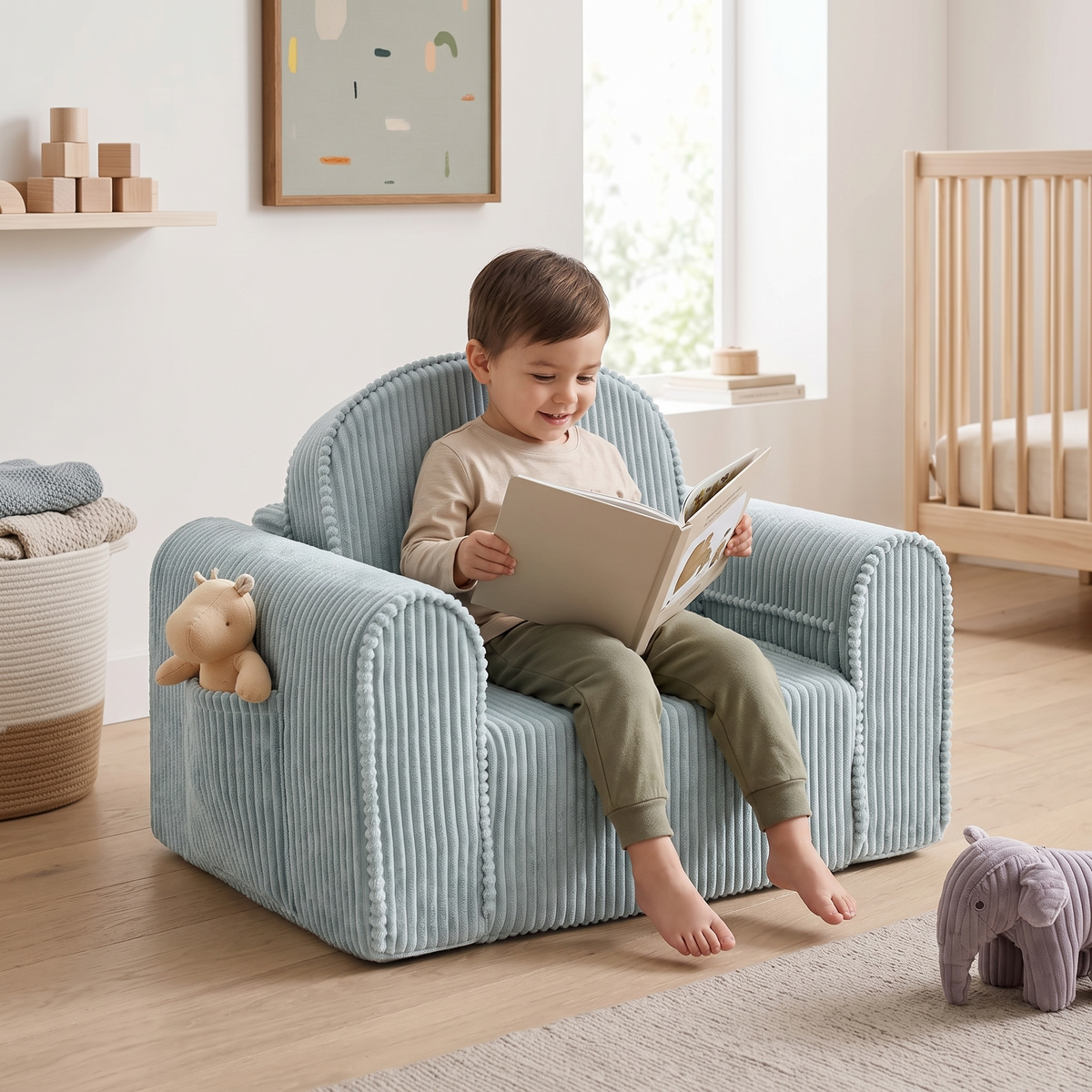 Child reading in the corduroy kids chair