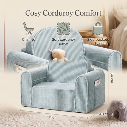 Corduroy kids chair benefits and dimensions: chair to lounger, soft corduroy cover, side pockets and handles