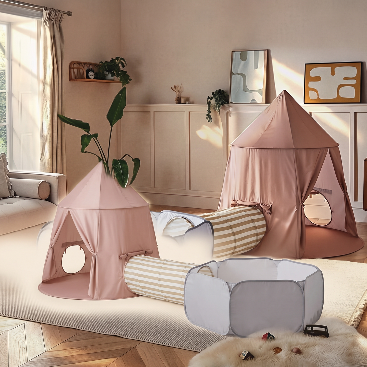 Play set benefits: tent, tunnel and ball pit, pops up and folds away, soft touch polyester